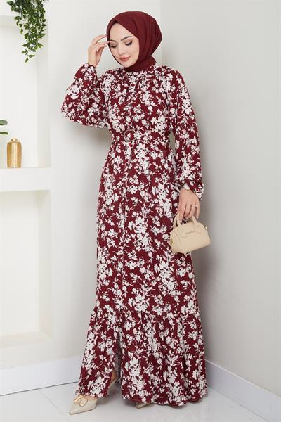 Mirana Çiçek Desen Bordo Viskon Elbise