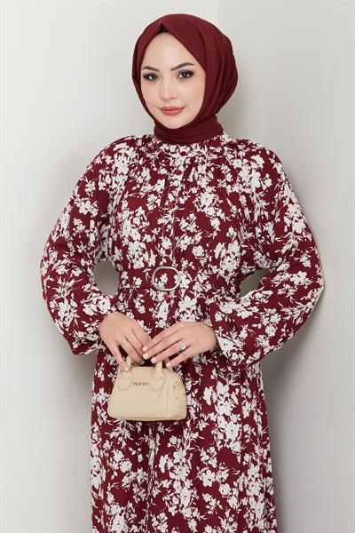 Mirana Çiçek Desen Bordo Viskon Elbise