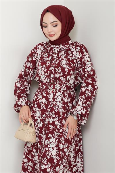 Mirana Çiçek Desen Bordo Viskon Elbise