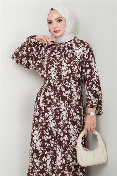 Mirana Çiçek Desen Kahverengi Viskon Elbise