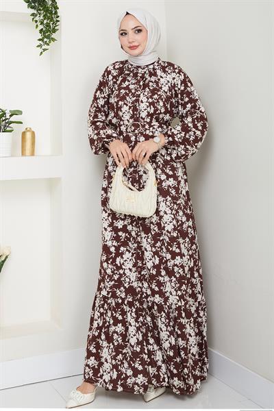 Mirana Çiçek Desen Kahverengi Viskon Elbise
