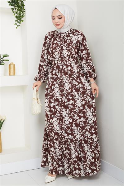 Mirana Çiçek Desen Kahverengi Viskon Elbise