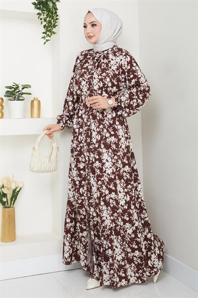 Mirana Çiçek Desen Kahverengi Viskon Elbise