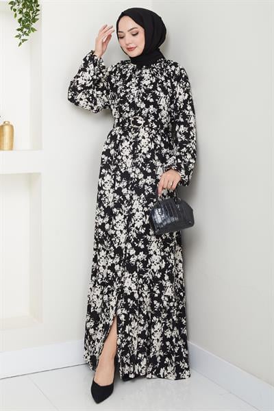 Mirana Çiçek Desen Siyah Viskon Elbise