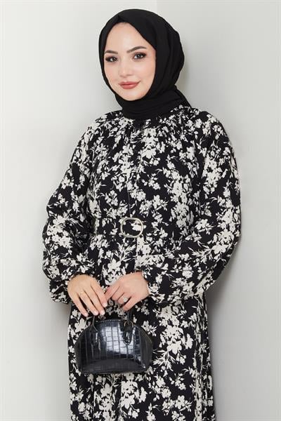 Mirana Çiçek Desen Siyah Viskon Elbise