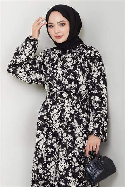Mirana Çiçek Desen Siyah Viskon Elbise