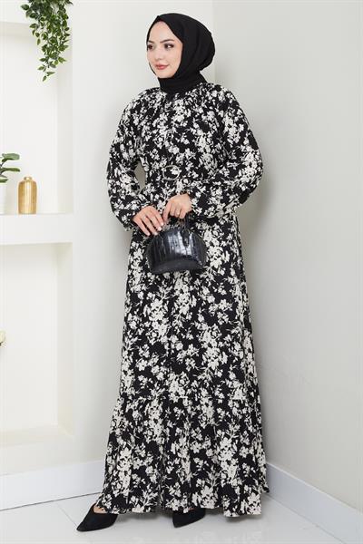 Mirana Çiçek Desen Siyah Viskon Elbise