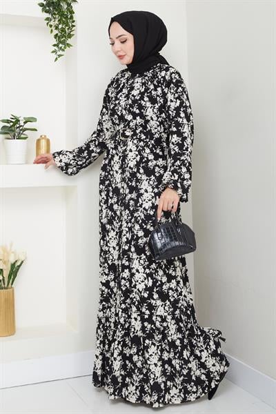 Mirana Çiçek Desen Siyah Viskon Elbise