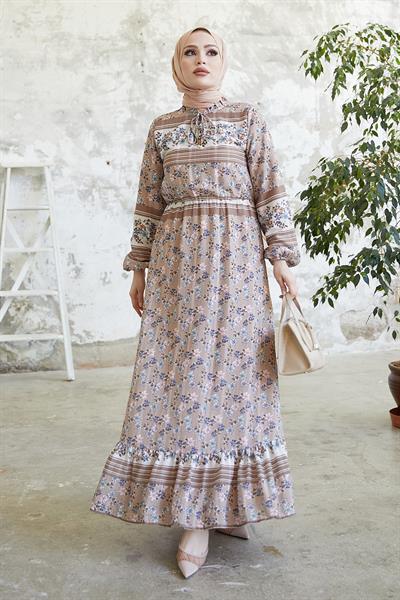 Misa Şeritli Çiçekli Jakarlı Yoryo Açık Kahve Şifon Elbise 