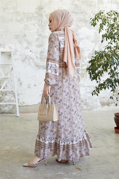 Misa Şeritli Çiçekli Jakarlı Yoryo Açık Kahve Şifon Elbise 