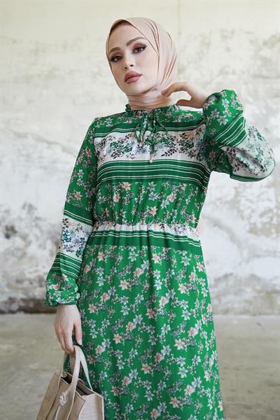 Misa Şeritli Çiçekli Jakarlı Yoryo Yeşil Şifon Elbise