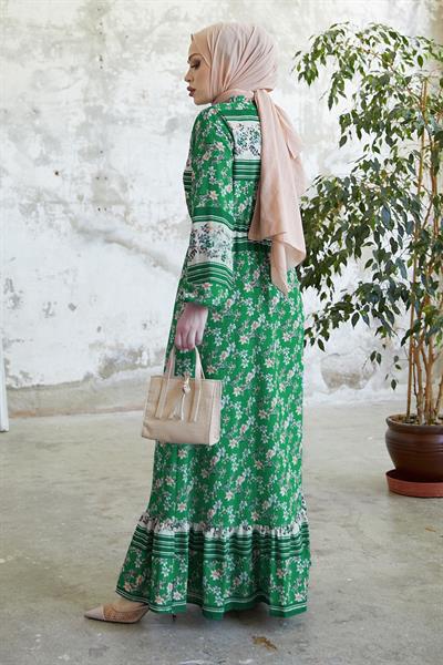 Misa Şeritli Çiçekli Jakarlı Yoryo Yeşil Şifon Elbise