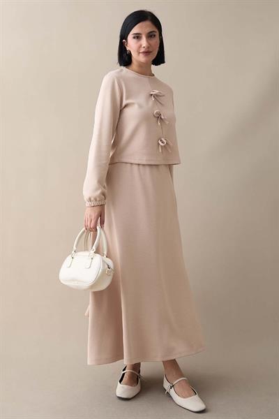 Modal Kurdele Detay Etekli Açık Bej Takım
