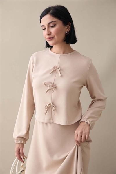 Modal Kurdele Detay Etekli Açık Bej Takım