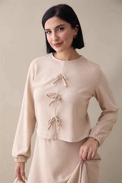 Modal Kurdele Detay Etekli Açık Bej Takım