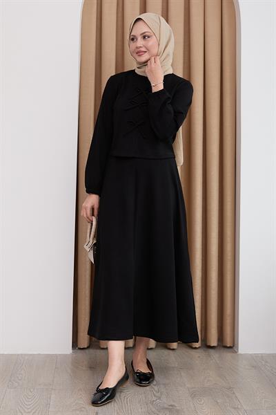 Modal Kurdele Detay Etekli Siyah Takım