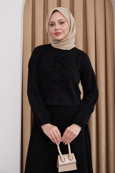 Modal Kurdele Detay Etekli Siyah Takım