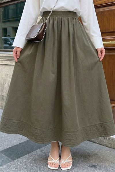 Modal Nervürlü Cepli Haki Etek