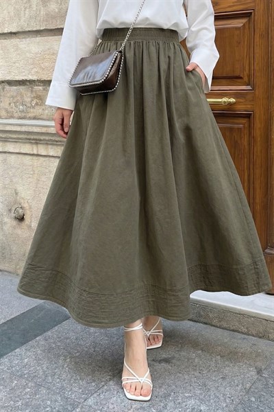 Modal Nervürlü Cepli Haki Etek