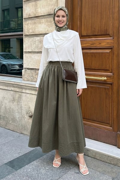 Modal Nervürlü Cepli Haki Etek