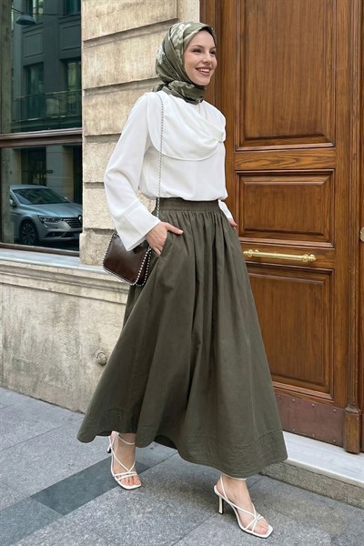 Modal Nervürlü Cepli Haki Etek