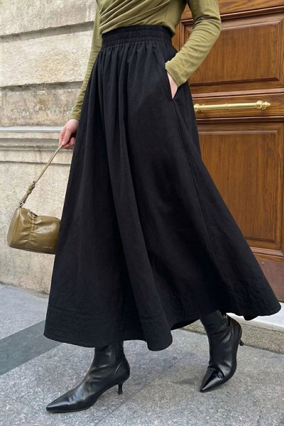 Modal Nervürlü Cepli Siyah Etek