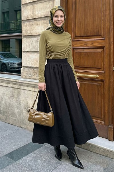 Modal Nervürlü Cepli Siyah Etek