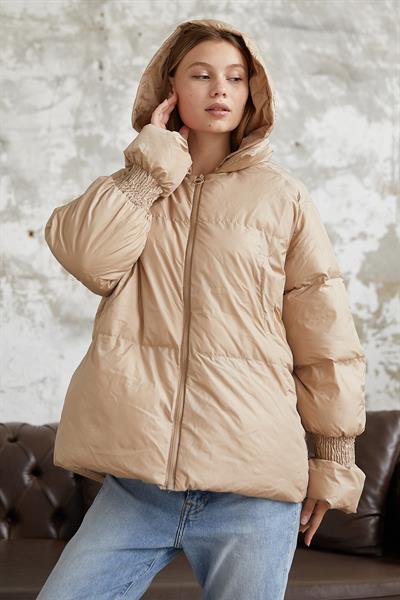 Monika Kolları Büzgülü Kısa Mont - Bej