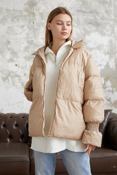 Monika Kolları Büzgülü Kısa Mont - Bej