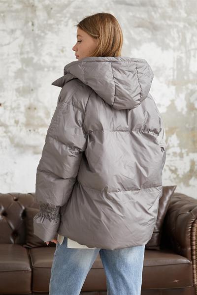 Monika Kolları Büzgülü Kısa Mont - Gri