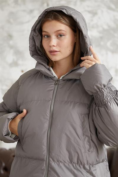 Monika Kolları Büzgülü Kısa Mont - Gri