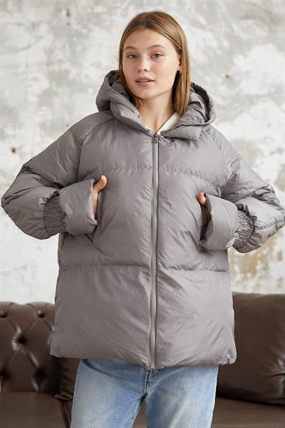 Monika Kolları Büzgülü Kısa Mont - Gri