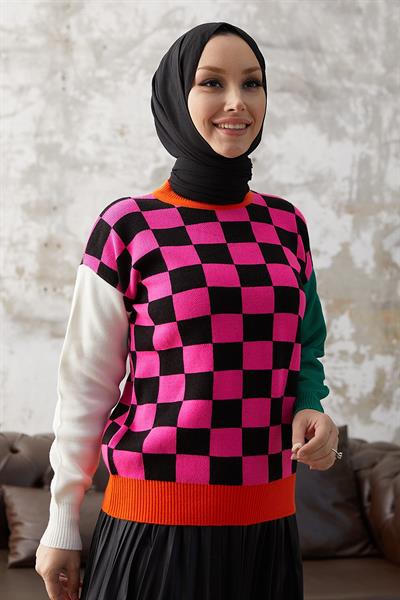 Monsa Kare Ekose Desen Triko Kazak - Fuşya