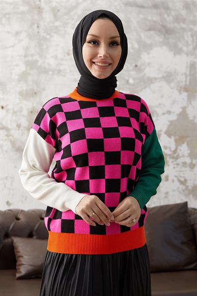 Monsa Kare Ekose Desen Triko Kazak - Fuşya