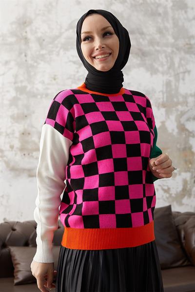 Monsa Kare Ekose Desen Triko Kazak - Fuşya