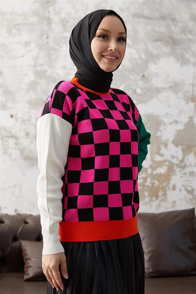 Monsa Kare Ekose Desen Triko Kazak - Fuşya