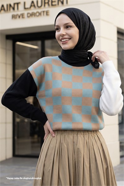 Monsa Kare Ekose Desen Triko Kazak - Mint \ Camel
