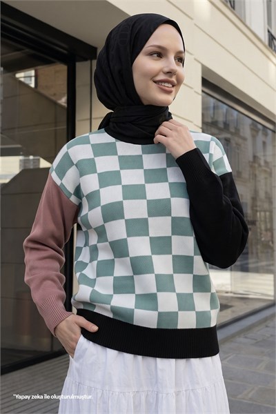 Monsa Kare Ekose Desen Triko Kazak - Mint