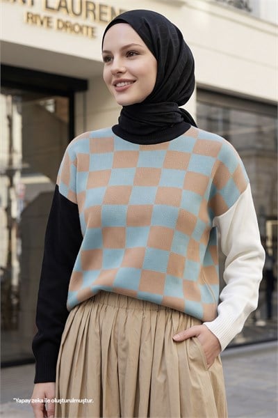 Monsa Kare Ekose Desen Triko Kazak - Mint \ Camel