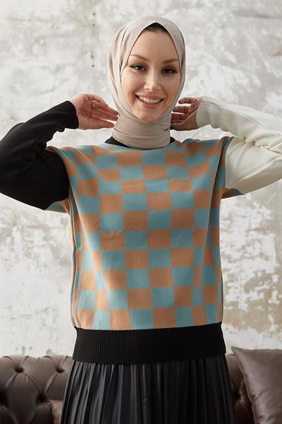 Monsa Kare Ekose Desen Triko Kazak - Mint \ Camel