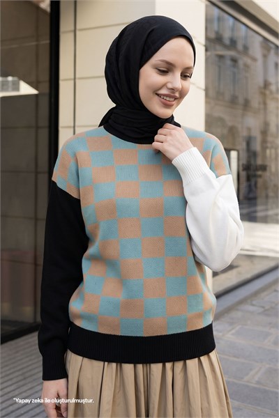Monsa Kare Ekose Desen Triko Kazak - Mint \ Camel