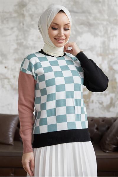 Monsa Kare Ekose Desen Triko Kazak - Mint