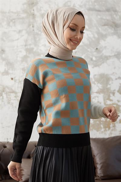 Monsa Kare Ekose Desen Triko Kazak - Mint \ Camel