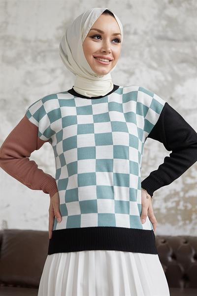 Monsa Kare Ekose Desen Triko Kazak - Mint