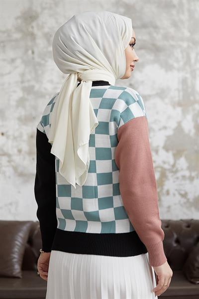 Monsa Kare Ekose Desen Triko Kazak - Mint