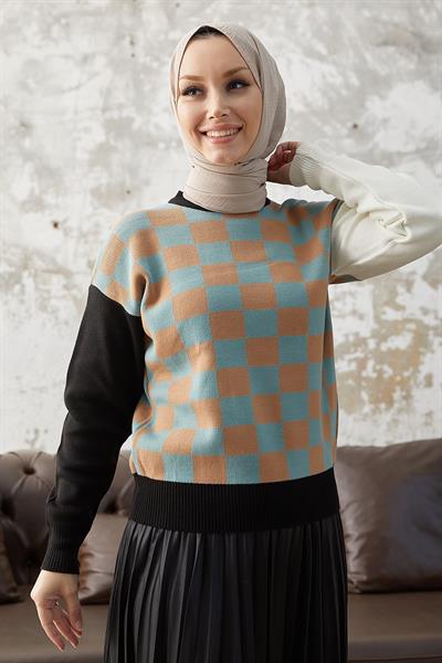 Monsa Kare Ekose Desen Triko Kazak - Mint \ Camel