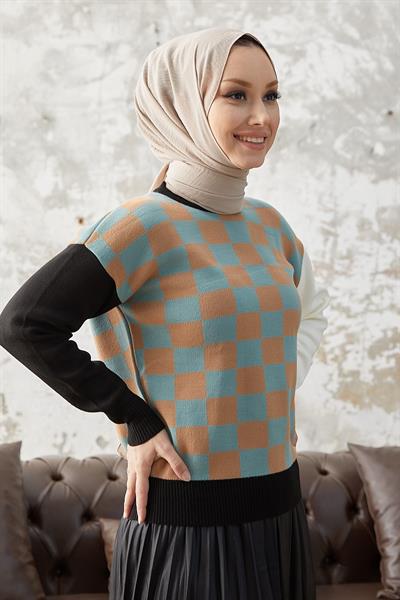 Monsa Kare Ekose Desen Triko Kazak - Mint \ Camel