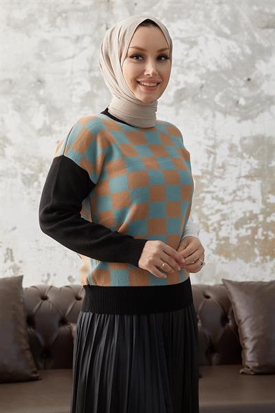 Monsa Kare Ekose Desen Triko Kazak - Mint \ Camel