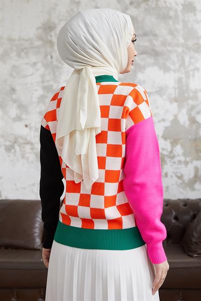 Monsa Kare Ekose Desen Triko Kazak - Oranj