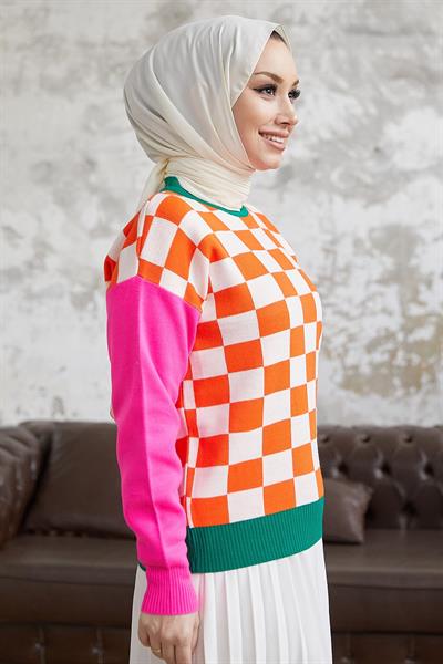 Monsa Kare Ekose Desen Triko Kazak - Oranj